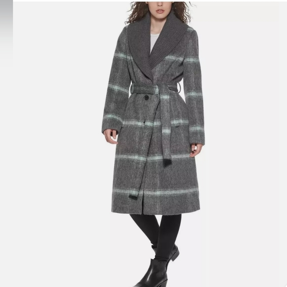 DKNY Women's Knit-Collar Belted Wrap Coat Charcoal Grey Wool - Picture 9 of 9